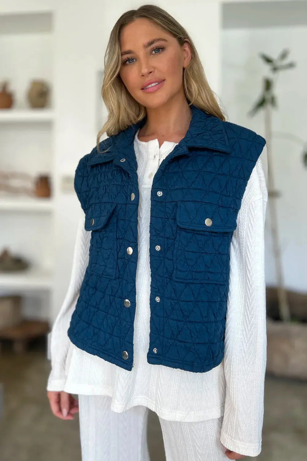 Double Take Full Size Pocketed Texture Snap Down Vest Coat  Style Ratio