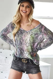 BiBi Snakeskin Print Low Gauge Hacci V Neck Long Sleeve Top  Style Ratio