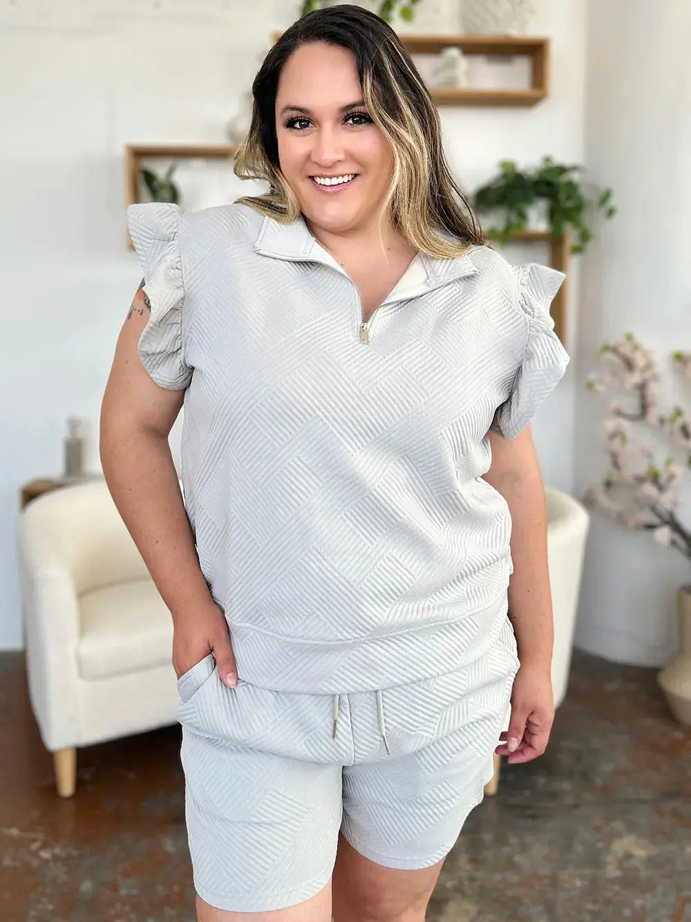 Double Take Texture Flounce Sleeve Top and Drawstring Shorts Set  Style Ratio