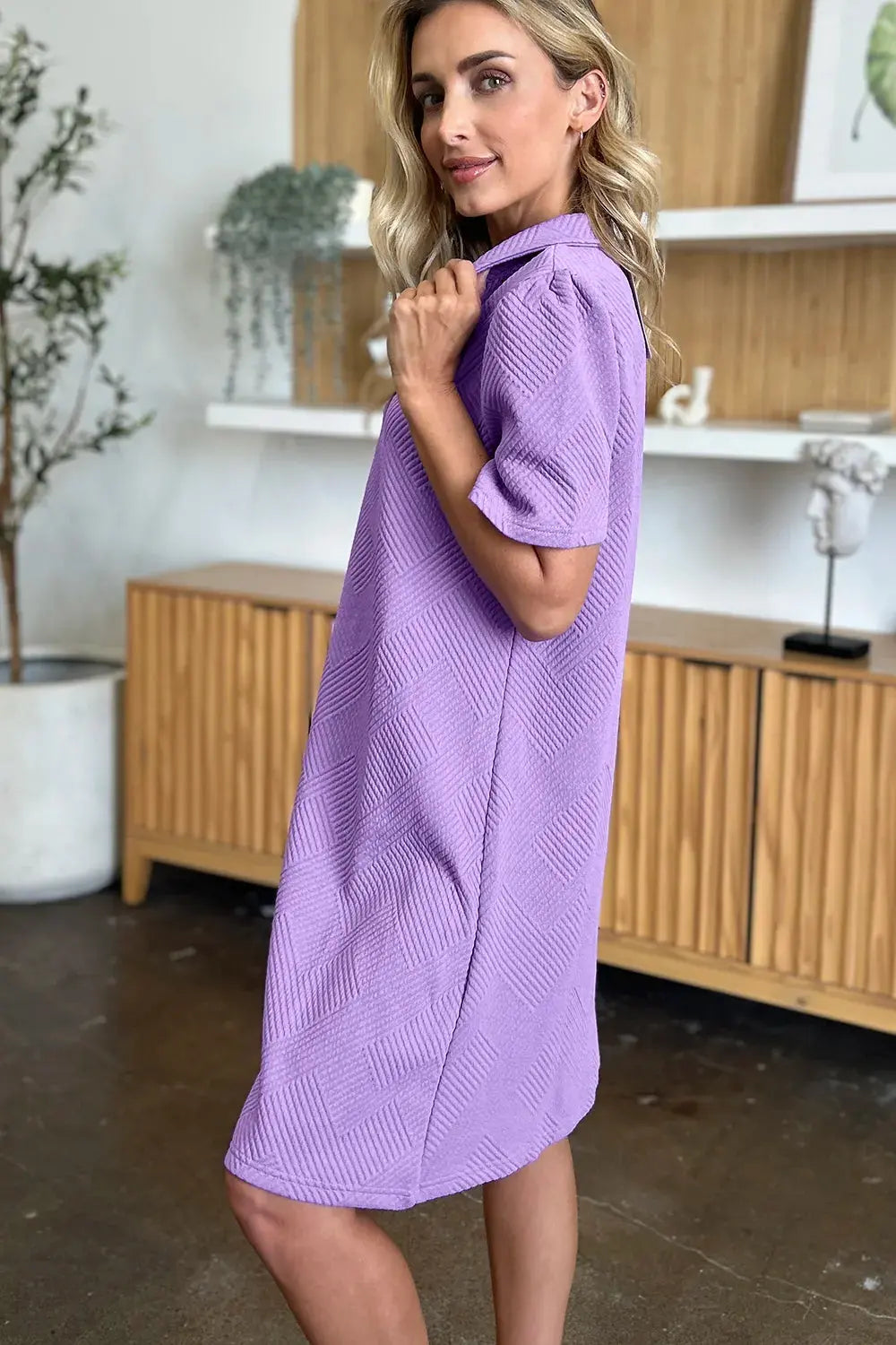 Double Take Full Size Texture Collared Neck Short Sleeve Dress  Style Ratio