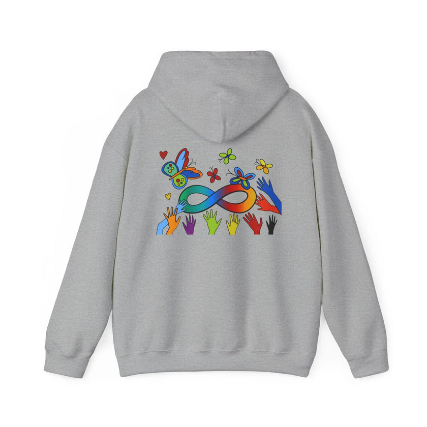 Neurospicy: Colorful Hands w/Words & Butterflies Design Hoodie  Style Ratio