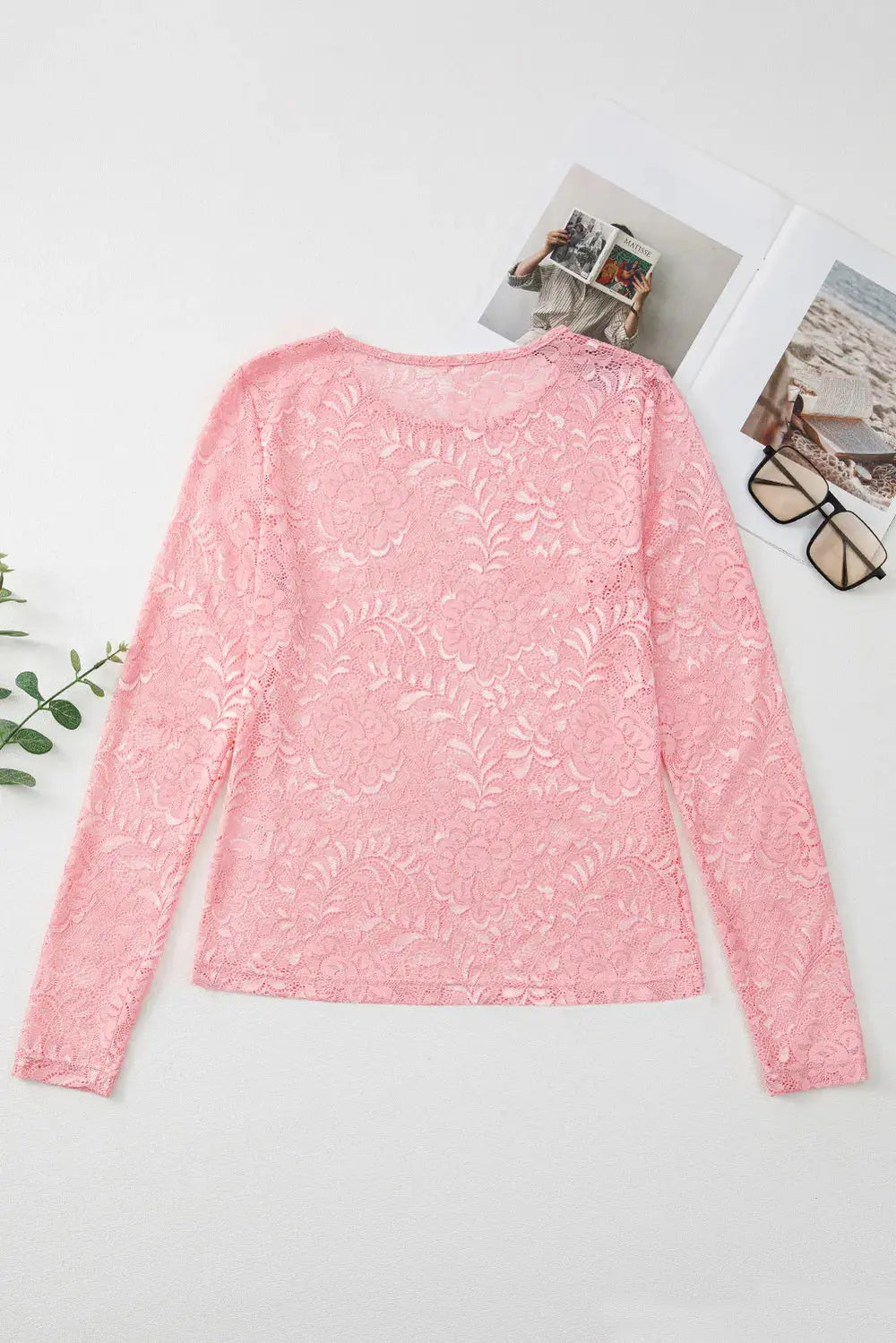 Lace Flower Round Neck Long Sleeve Top  Style Ratio