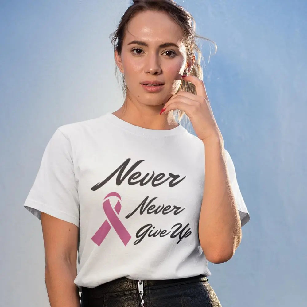 Never Never Give Up Pink Ribbon Awareness Short Sleeve Shirt Yellow Pandora