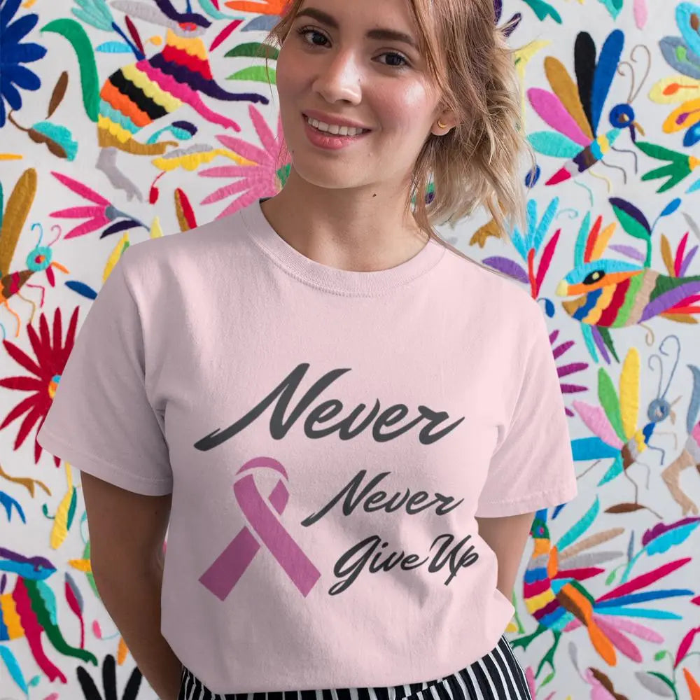 Never Never Give Up Pink Ribbon Awareness Short Sleeve Shirt Yellow Pandora
