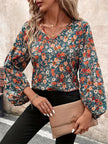 Printed V-Neck Balloon Sleeve Blouse  Style Ratio