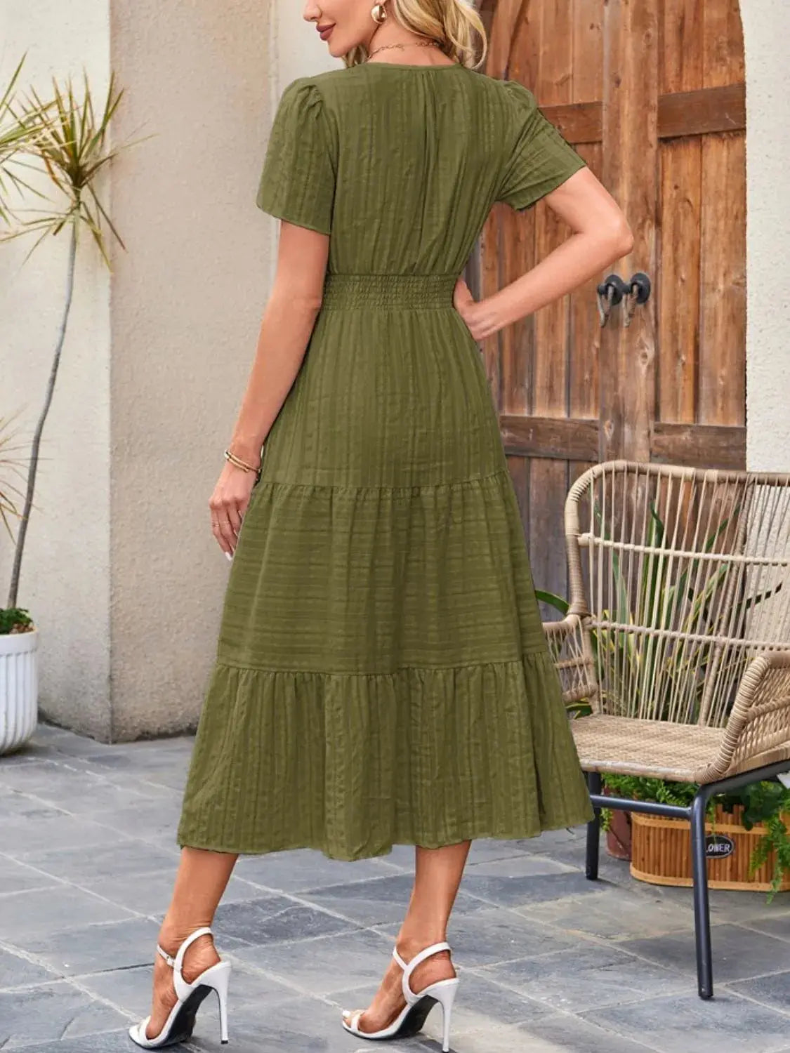 Tiered Notched Short Sleeve Dress  Style Ratio