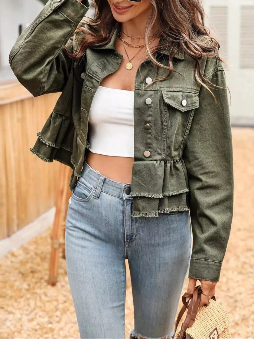 Ruffle Raw Hem Denim Jacket  Style Ratio