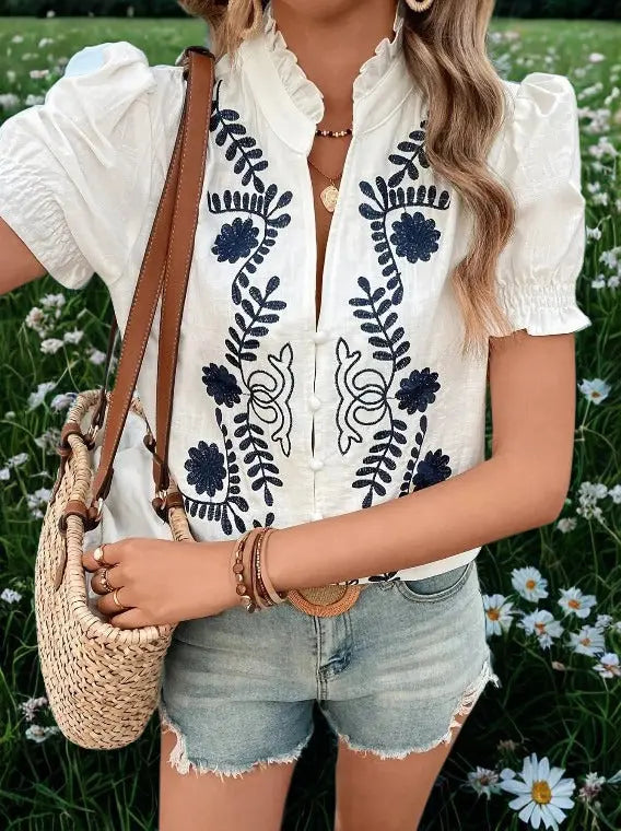 Embroidered Puff Sleeve Blouse  Style Ratio