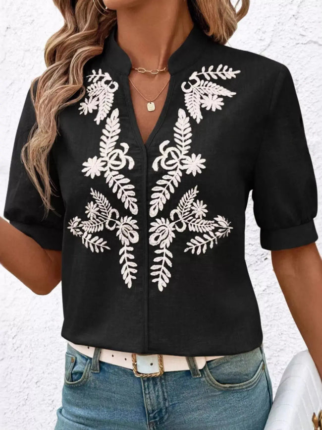 Embroidered Notched Short Sleeve Blouse  Style Ratio