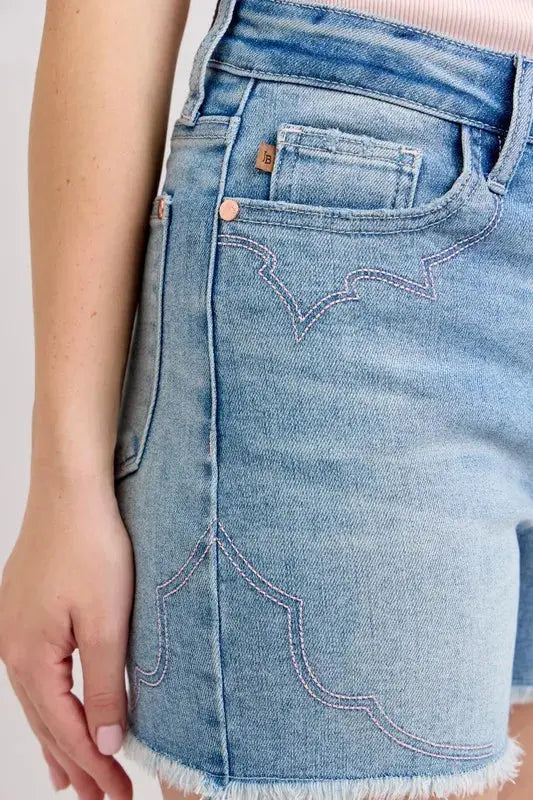 Judy Blue High Waist Western Embroidery Detail Cut Off Denim Shorts  Style Ratio