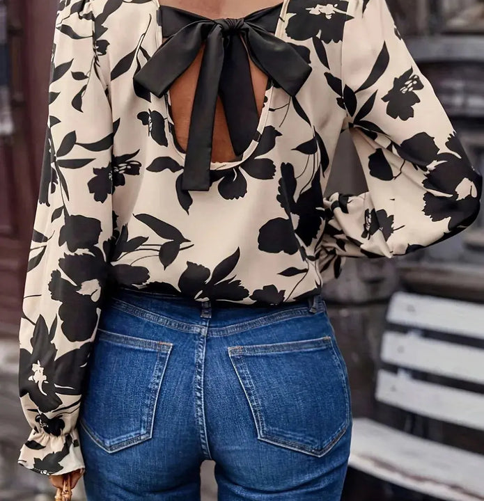 Bow Back Printed Round Neck Flounce Sleeve Blouse  Style Ratio