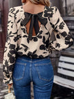 Bow Back Printed Round Neck Flounce Sleeve Blouse  Style Ratio