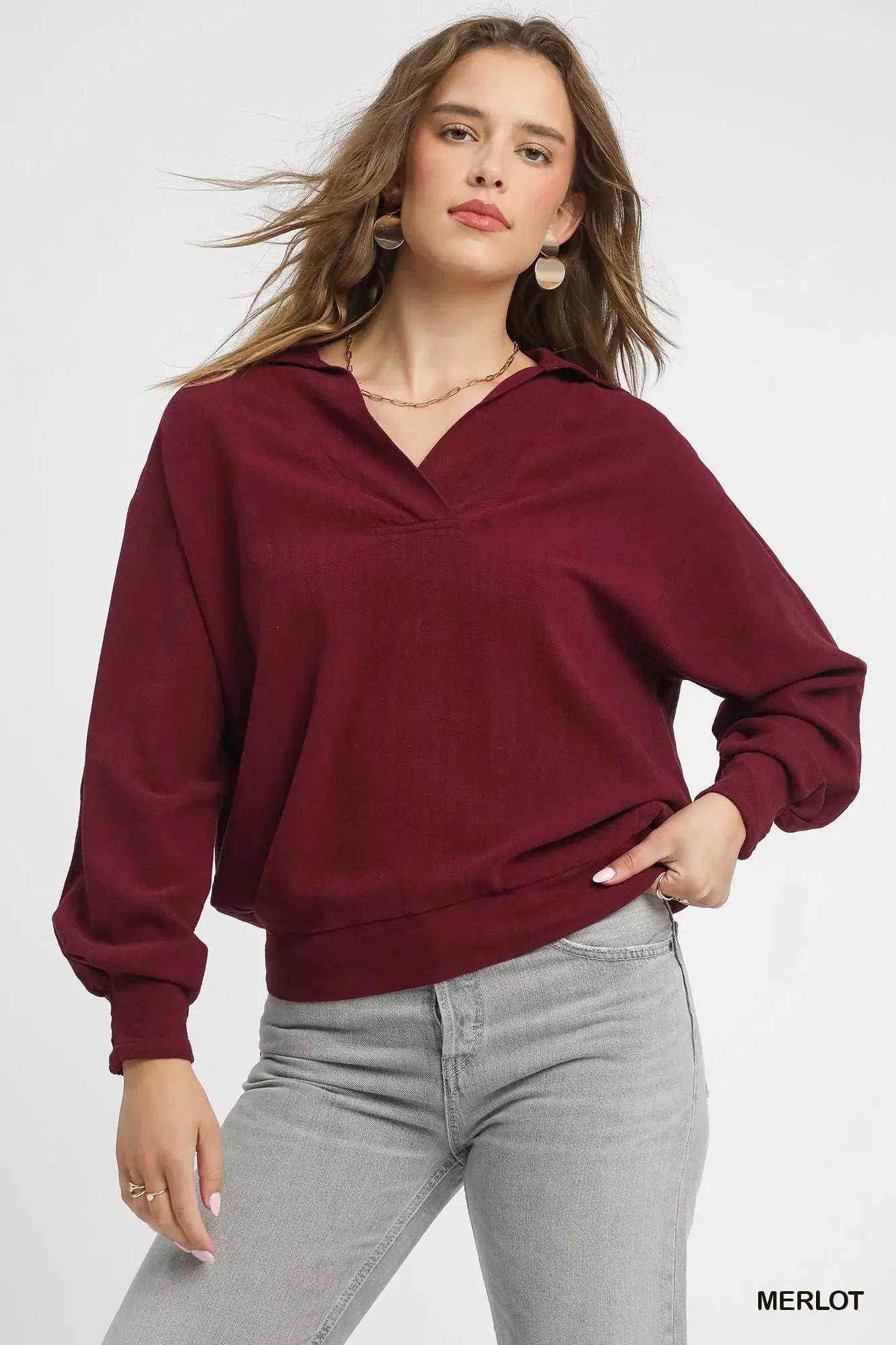 Umgee Linen Long Sleeves Elastic Hem Blouse  Style Ratio