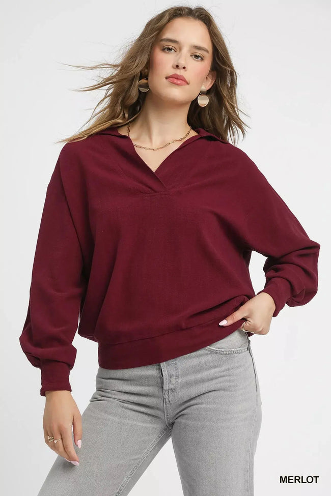 Umgee Linen Long Sleeves Elastic Hem Blouse  Style Ratio