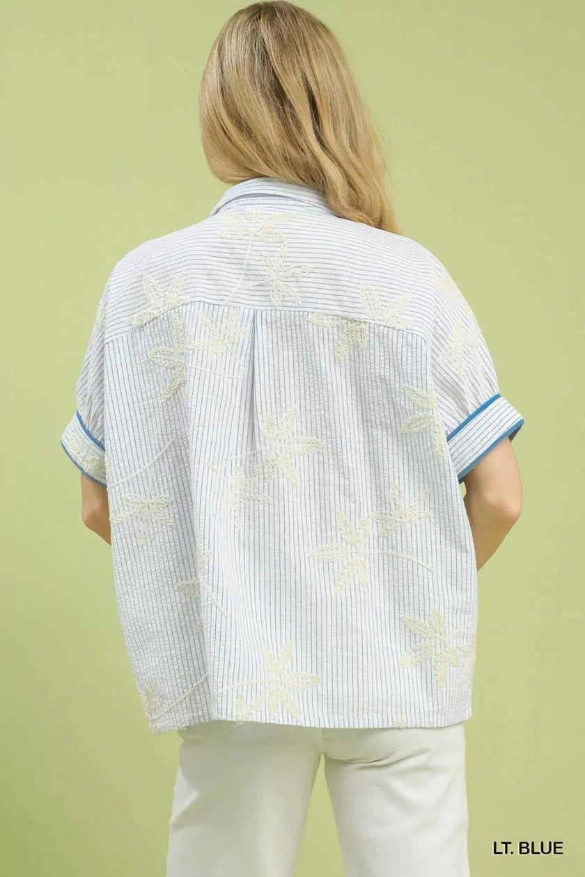 Umgee Striped Embroidered Blouse with Scallop Trim  Style Ratio