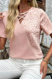 Leopard Jacquard Patchwork Crisscross V Neck Short Sleeve Blouse  Style Ratio