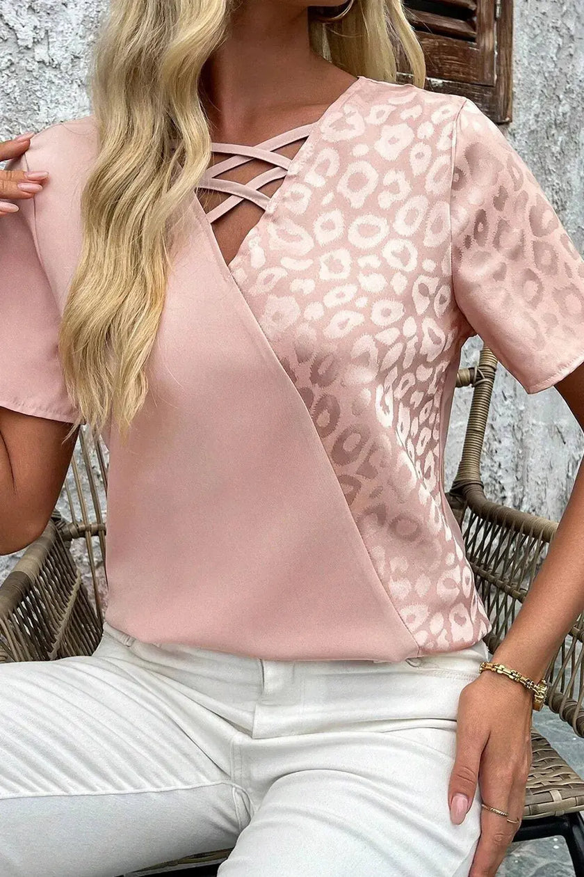 Leopard Jacquard Patchwork Crisscross V Neck Short Sleeve Blouse  Style Ratio