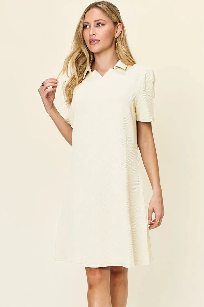 Double Take Full Size Texture Collared Neck Short Sleeve Dress  Style Ratio