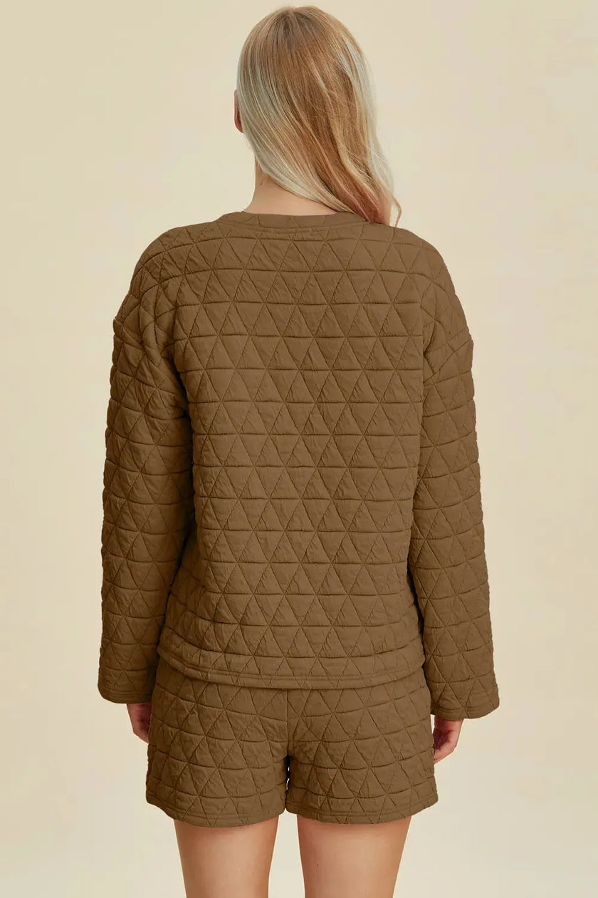 Double Take Texture Round Neck Long Sleeve Top and Shorts Set  Style Ratio