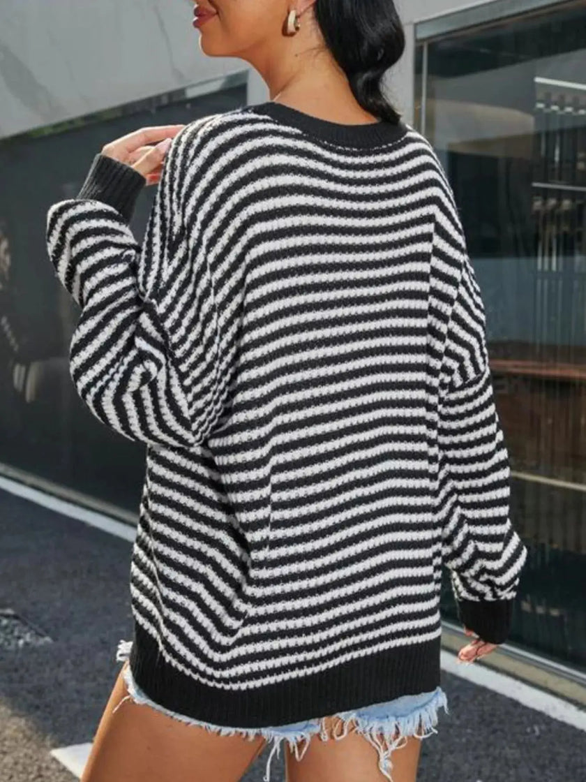 Striped Round Neck Drop Shoulder Sweater  Style Ratio