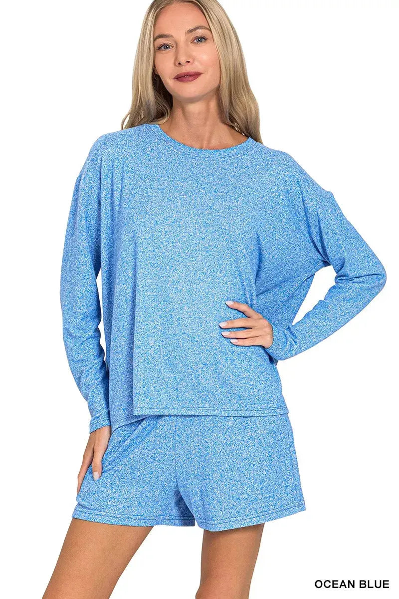 Zenana Soft Melange Long Sleeve and Shorts Loungewear  Style Ratio
