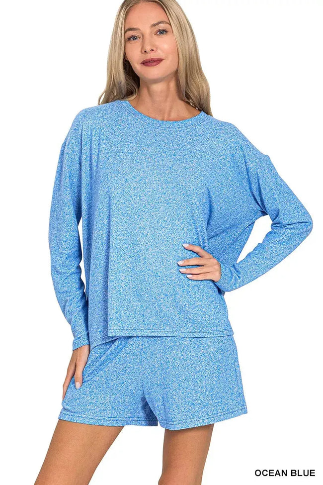 Zenana Soft Melange Long Sleeve and Shorts Loungewear  Style Ratio