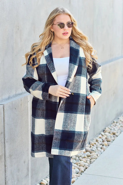 Double Take Plaid Button Up Lapel Collar Coat Trendsi