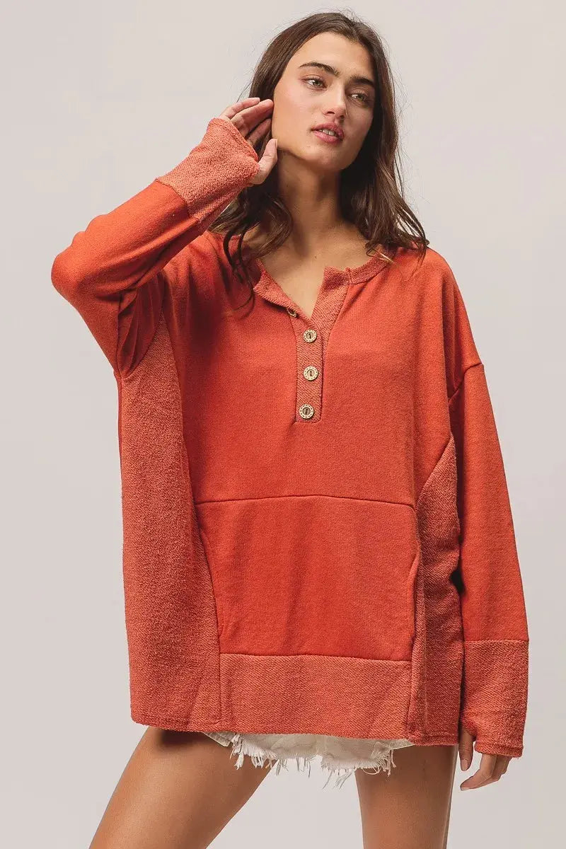 BiBi French Terry Knit Side Block Buttoned Henley Sweatshirt  Style Ratio