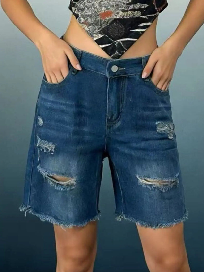 Full Size Ripped Frayed Hem Denim Shorts  Style Ratio