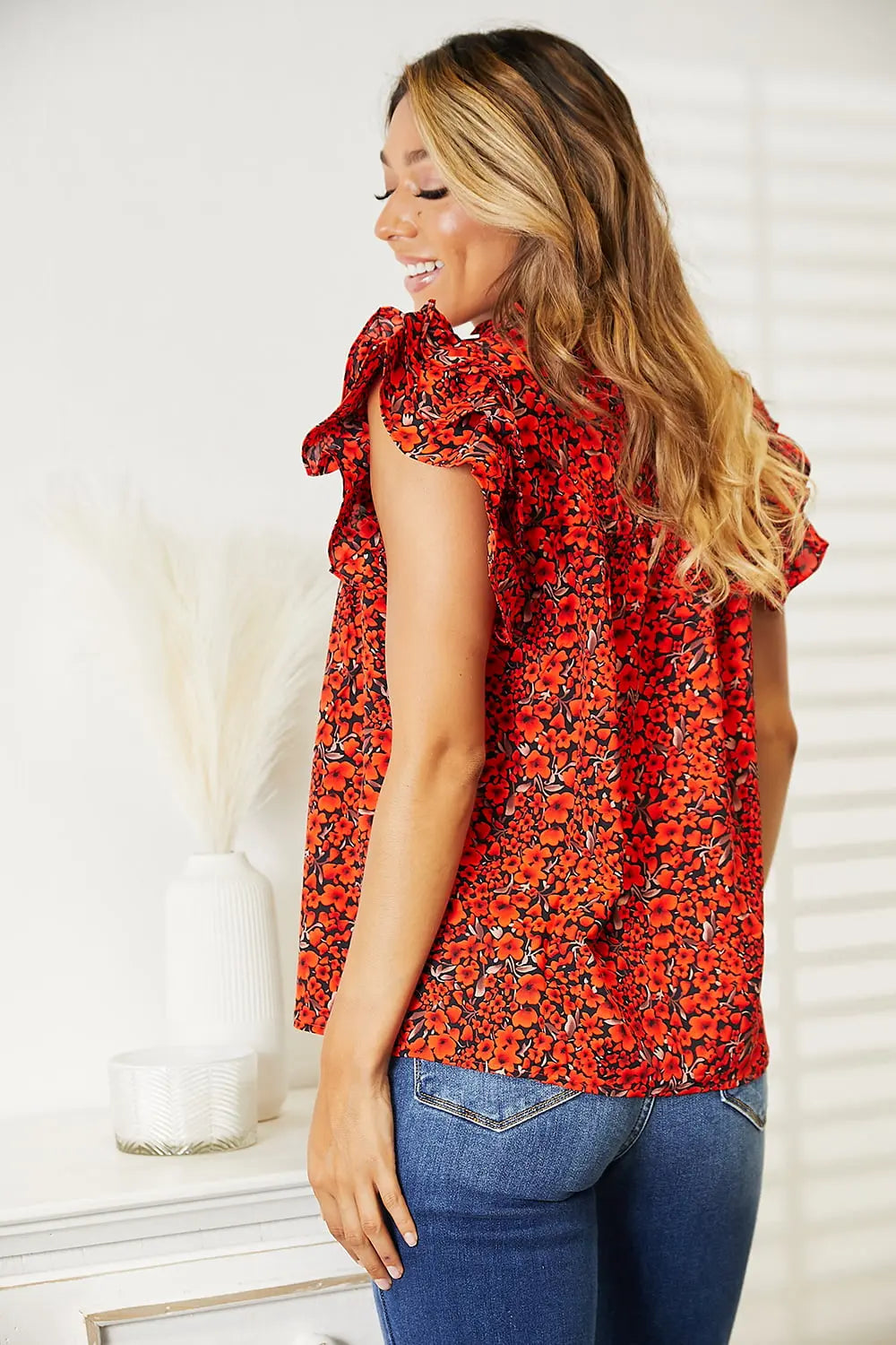 Double Take Floral Flutter Sleeve Notched Neck Blouse  Style Ratio