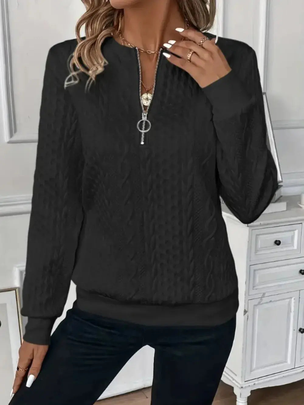 Texture Half Zip Long Sleeve Sweater  Style Ratio