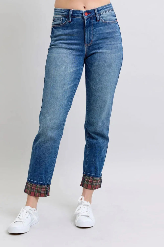 Judy Blue Full Size Plaid Print Cuff Straight Leg Jeans with Pockets  Style Ratio
