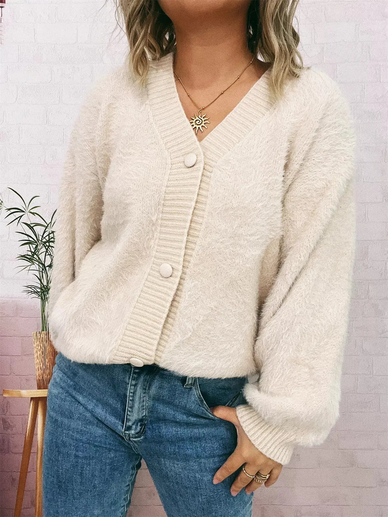 Fuzzy Button-Up Long Sleeve Cardigan  Style Ratio