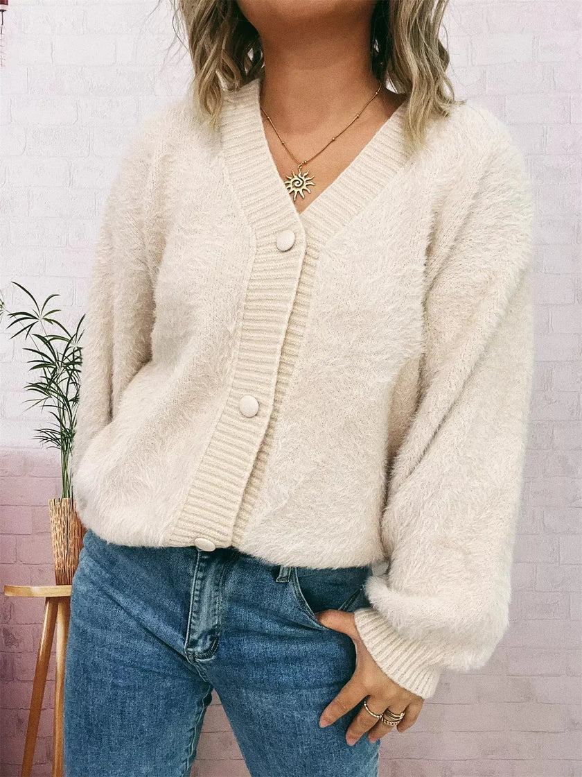 Fuzzy Button-Up Long Sleeve Cardigan  Style Ratio