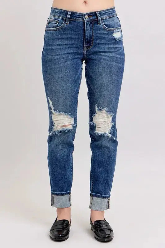 Judy Blue Full Size Mid Rise Boyfriend destroy Jeans with Yoke Pockets  Style Ratio