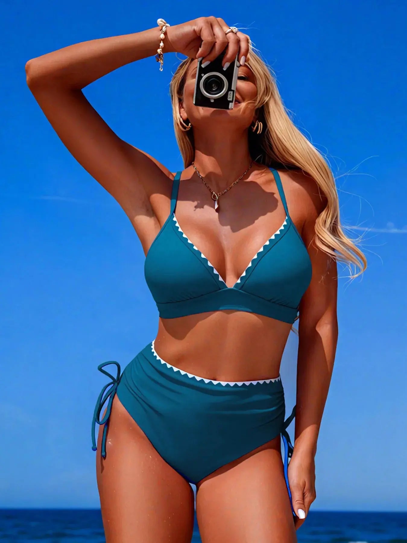 Scalloped Trim High-Waisted Bikini  Style Ratio