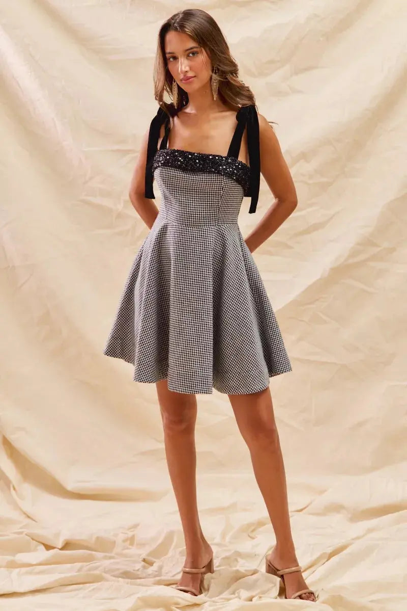 SO ME Houndstooth Fit Flare Mini Dress with Shoulder Tie  Style Ratio