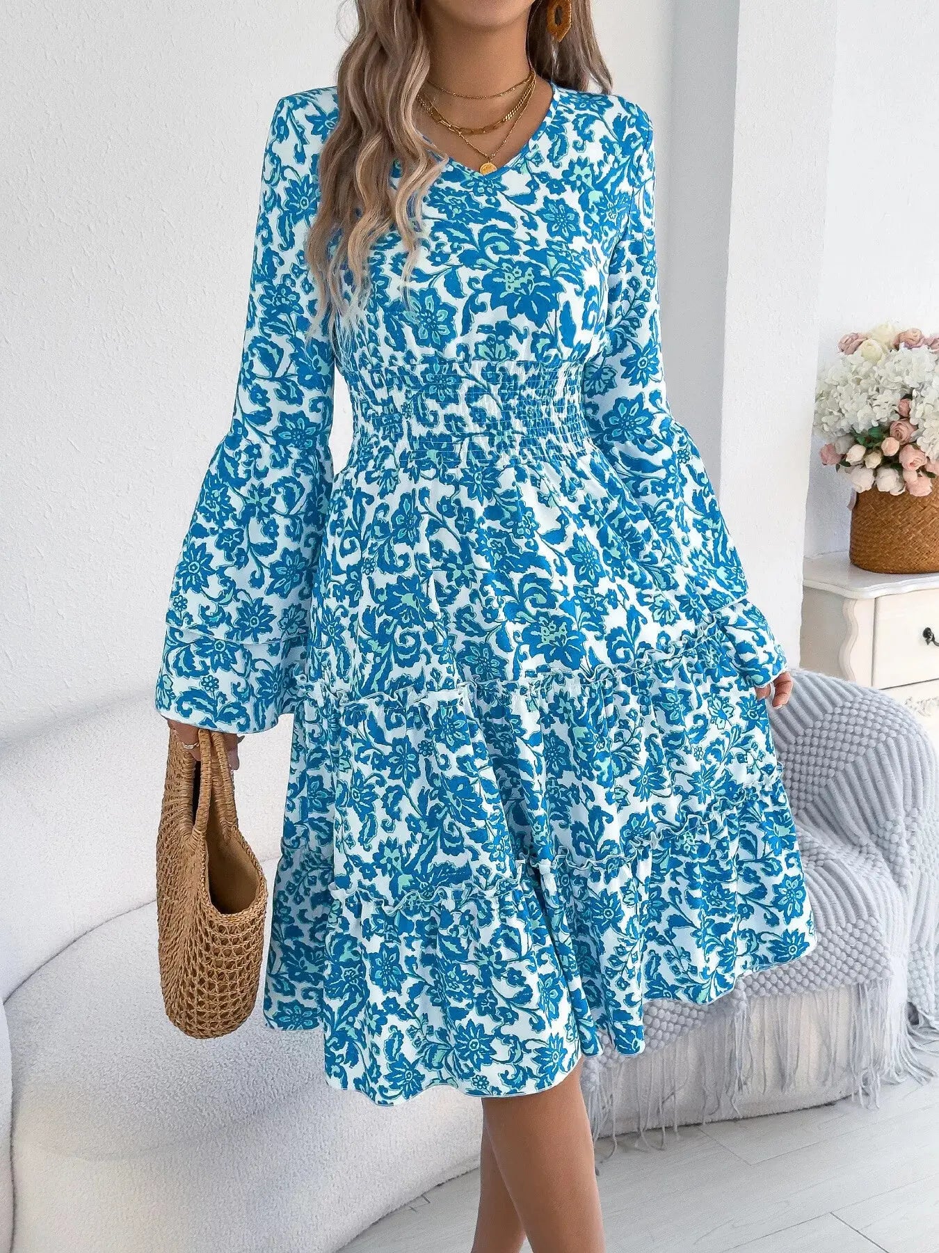 Floral Print Smocked Ruffle Hem Flared Sleeve Dress  Style Ratio