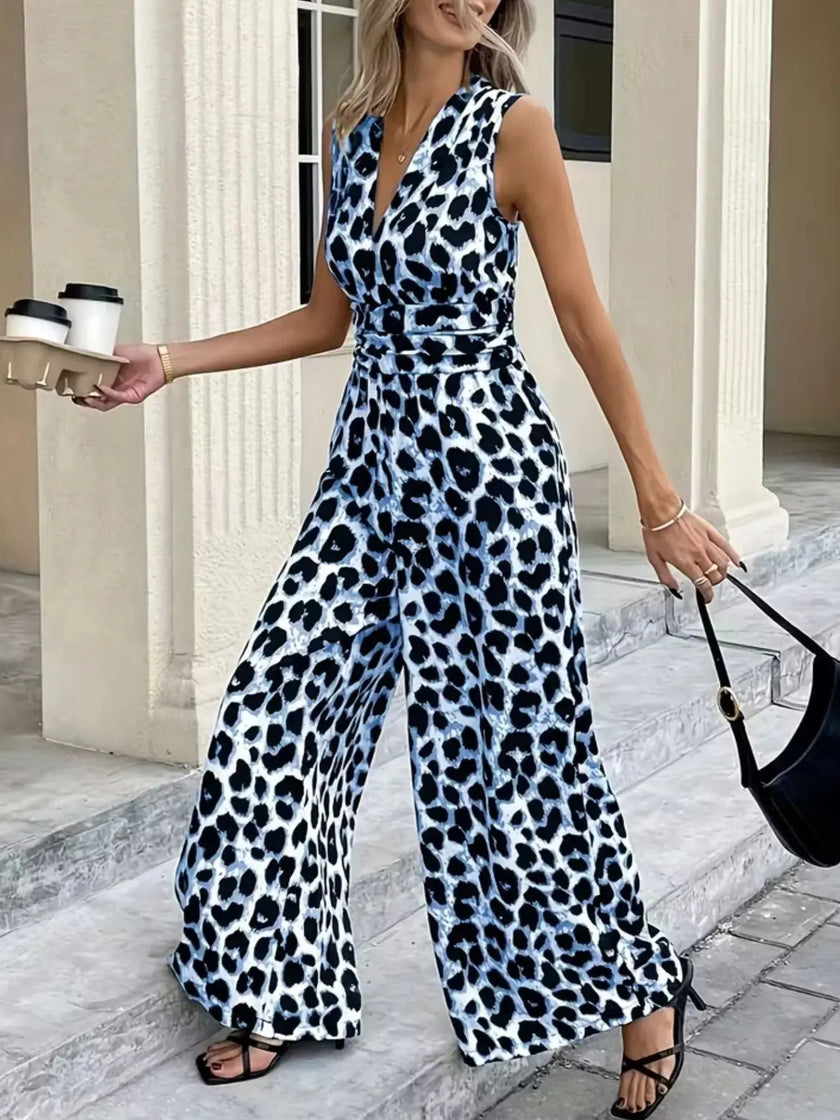 Sleeveless V Neck Leopard Print Jumpsuit  Style Ratio