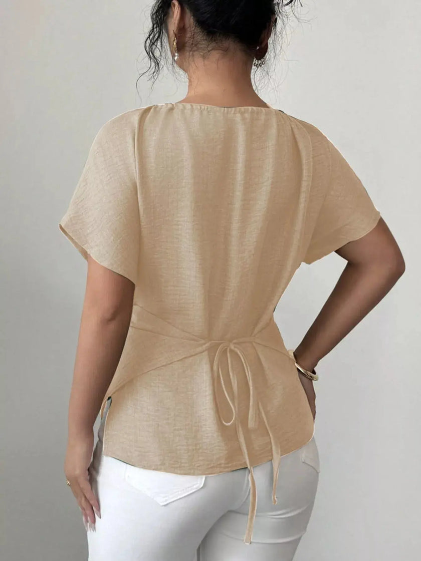 Beaded Neckline Short Sleeve Blouse  Style Ratio