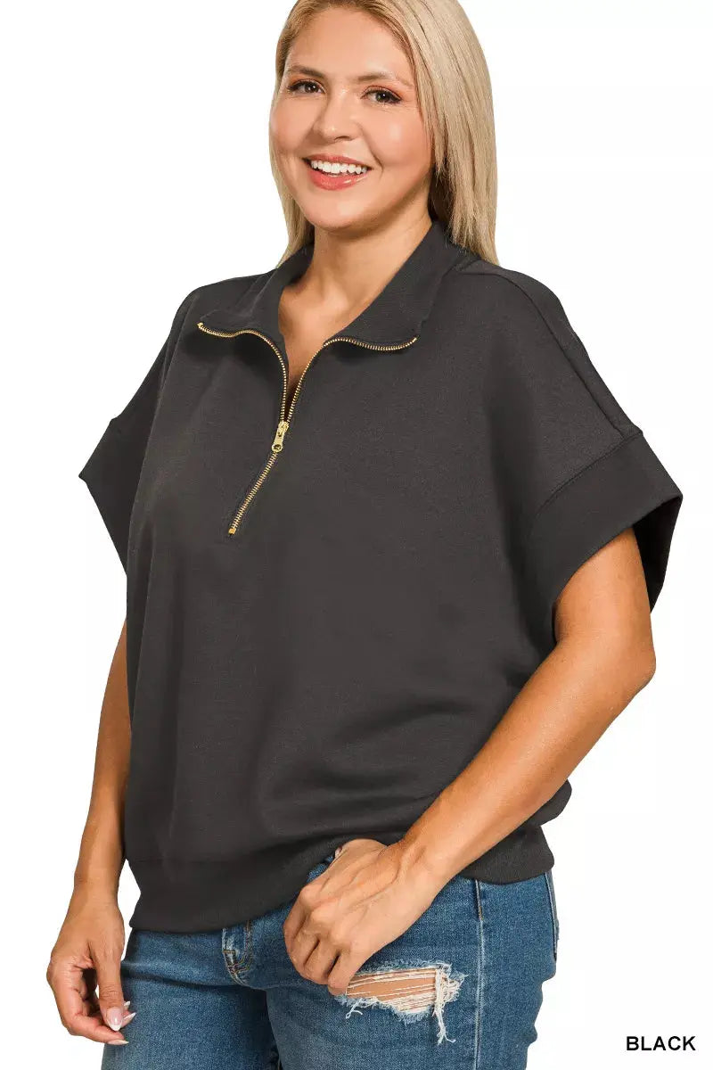 Zenana Full Size Scuba High Neck Half Zip Short Sleeve Sweatshirt  Style Ratio