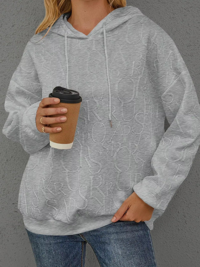 Full Size Embossed Lettering Casual Hoodie  Style Ratio