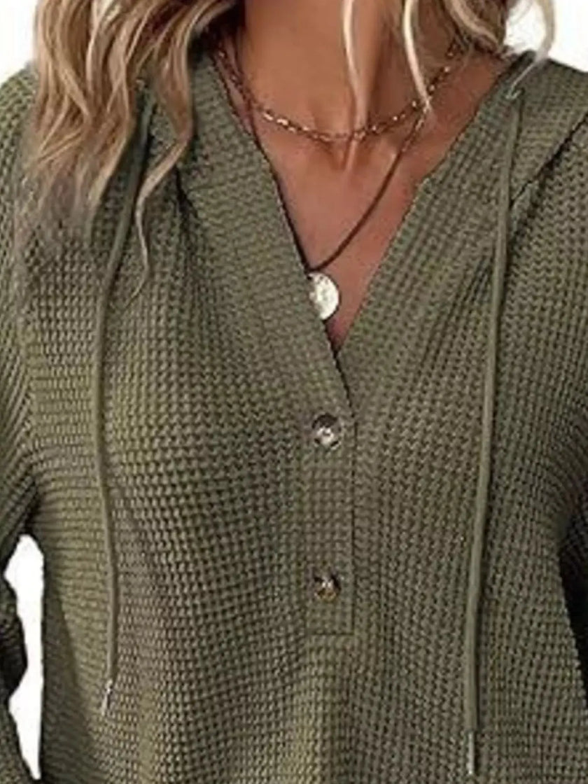 Full Size Button Detail Waffle Knit Hoodie  Style Ratio