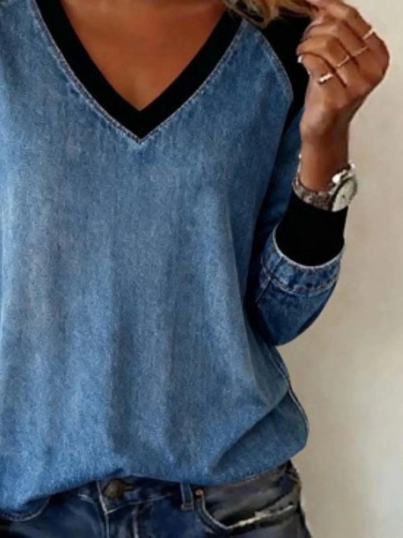 Full Size Patchwork V-Neck Long Sleeve Blouse Plus Size  Style Ratio