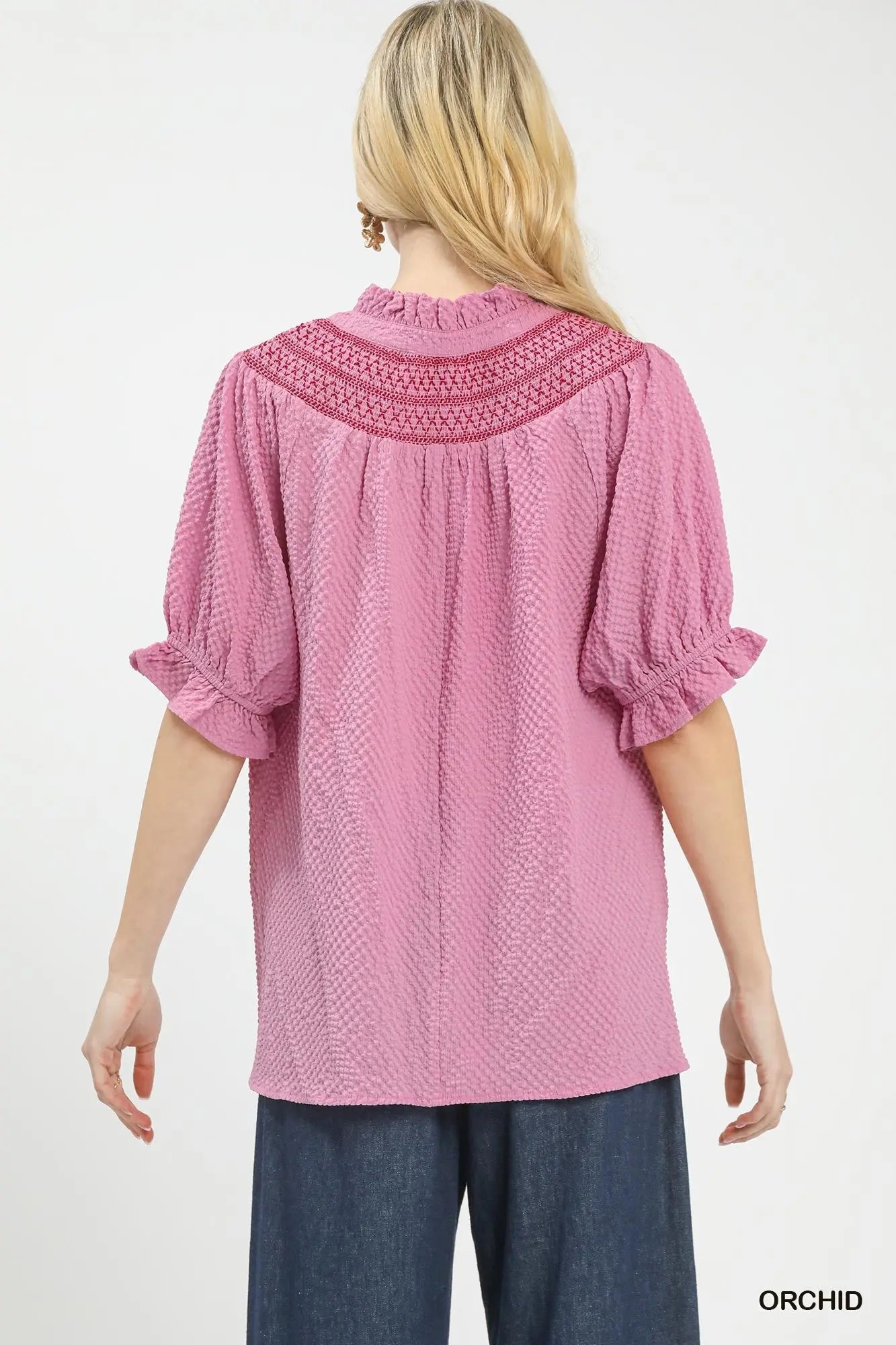 Umgee Textured Henley Blouse with Ruffle Cuffs  Style Ratio