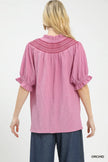 Umgee Textured Henley Blouse with Ruffle Cuffs  Style Ratio