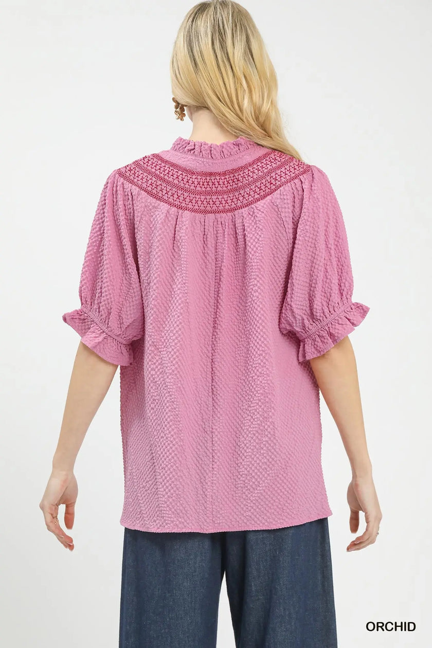 Umgee Textured Henley Blouse with Ruffle Cuffs  Style Ratio