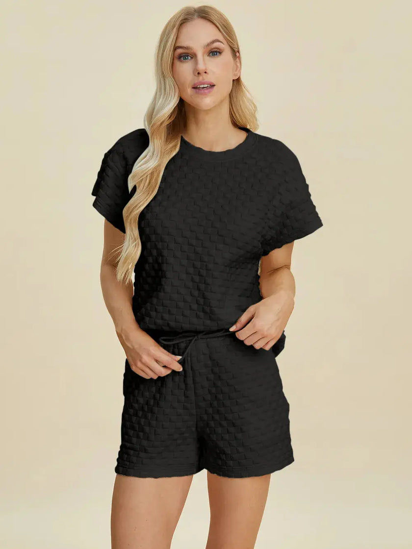 Double Take Full Size Texture T-Shirt and Shorts Set  Style Ratio