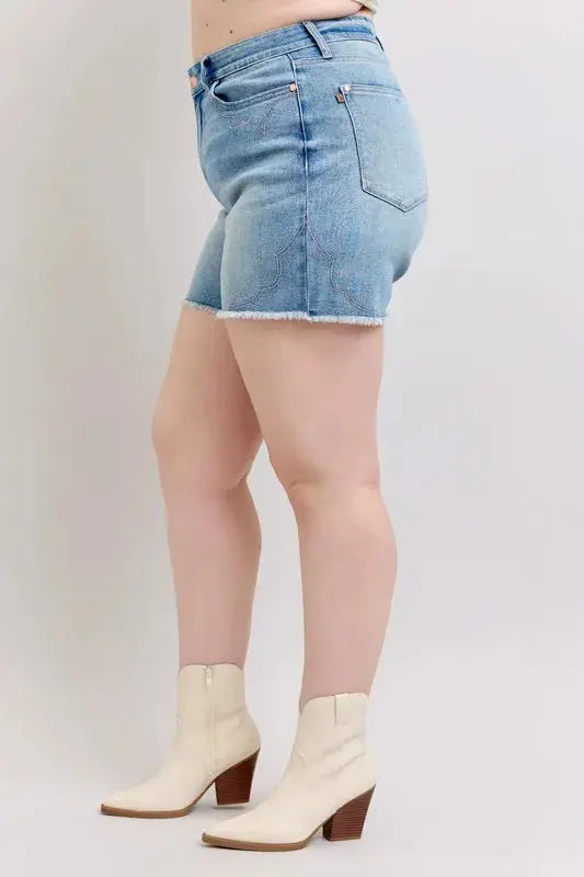 Judy Blue High Waist Western Embroidery Detail Cut Off Denim Shorts  Style Ratio