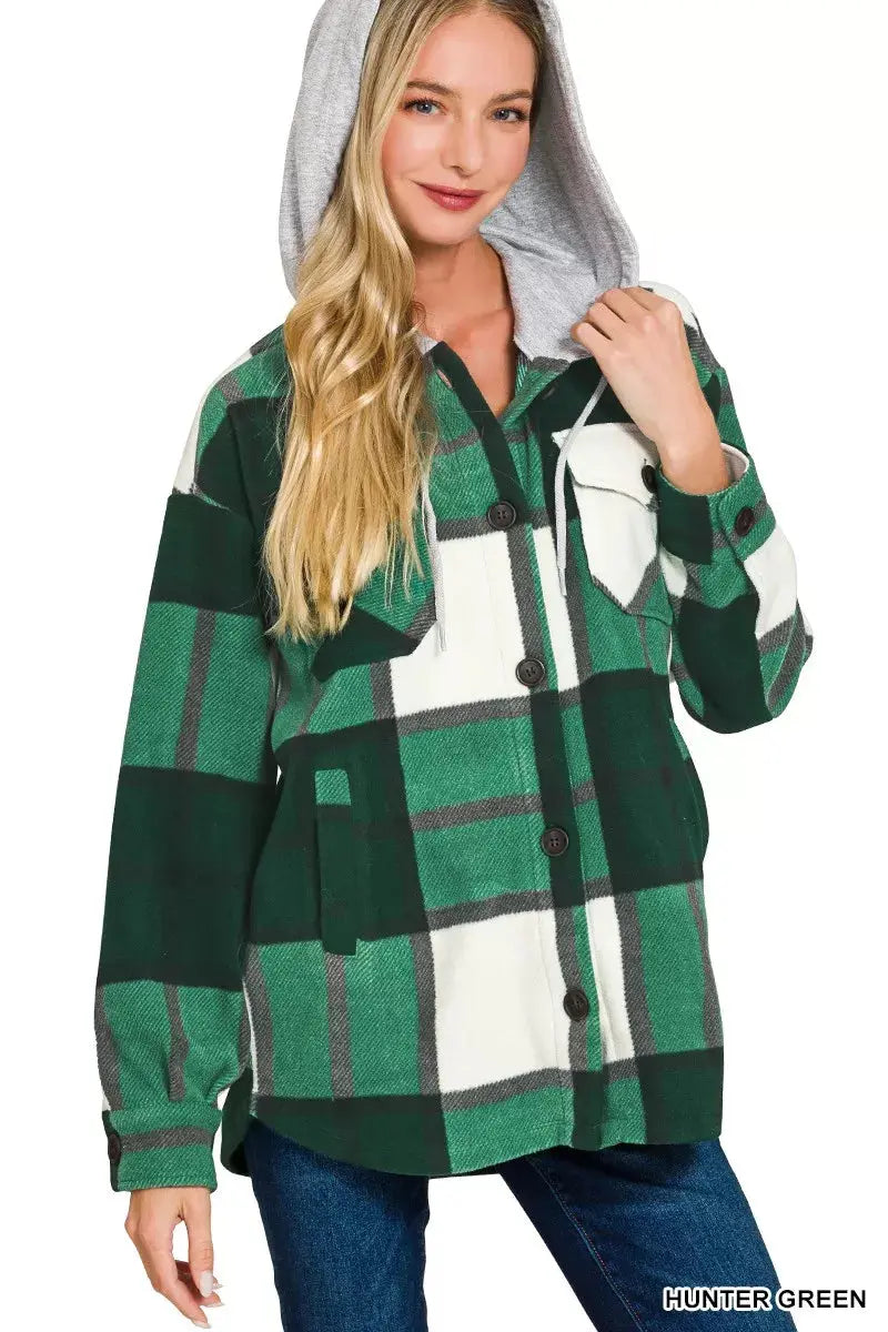 Zenana Plaid Drawstring Hooded Fleece Shacket  Style Ratio
